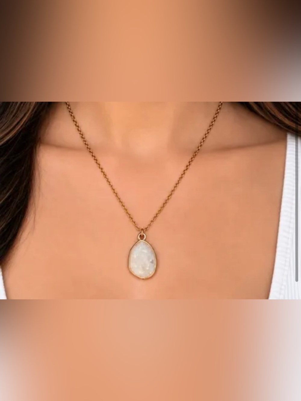 Gold-Tone Necklace with White Teardrop Natural Stone Pendant
